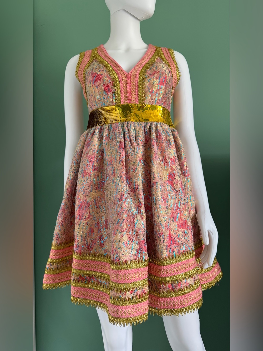 Manoush Women’s Pink & Gold Brocade V-Neck Party Dress